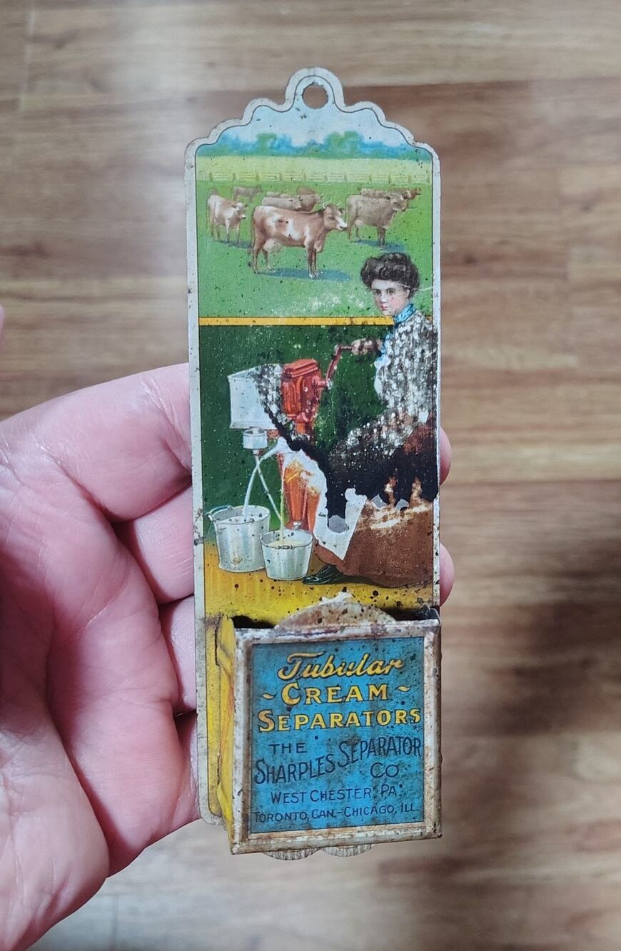 Antique Sharples Tubular Cream Separator Cow Litho Tin Sign Match Holder Safe
